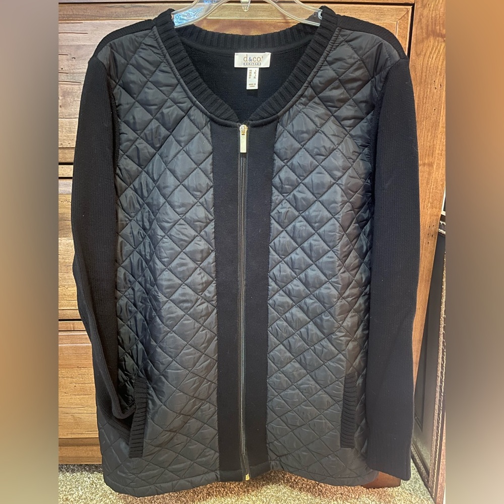 Denim&Co Heritage Black Quilted and Knit Front Zip Jacket Size L